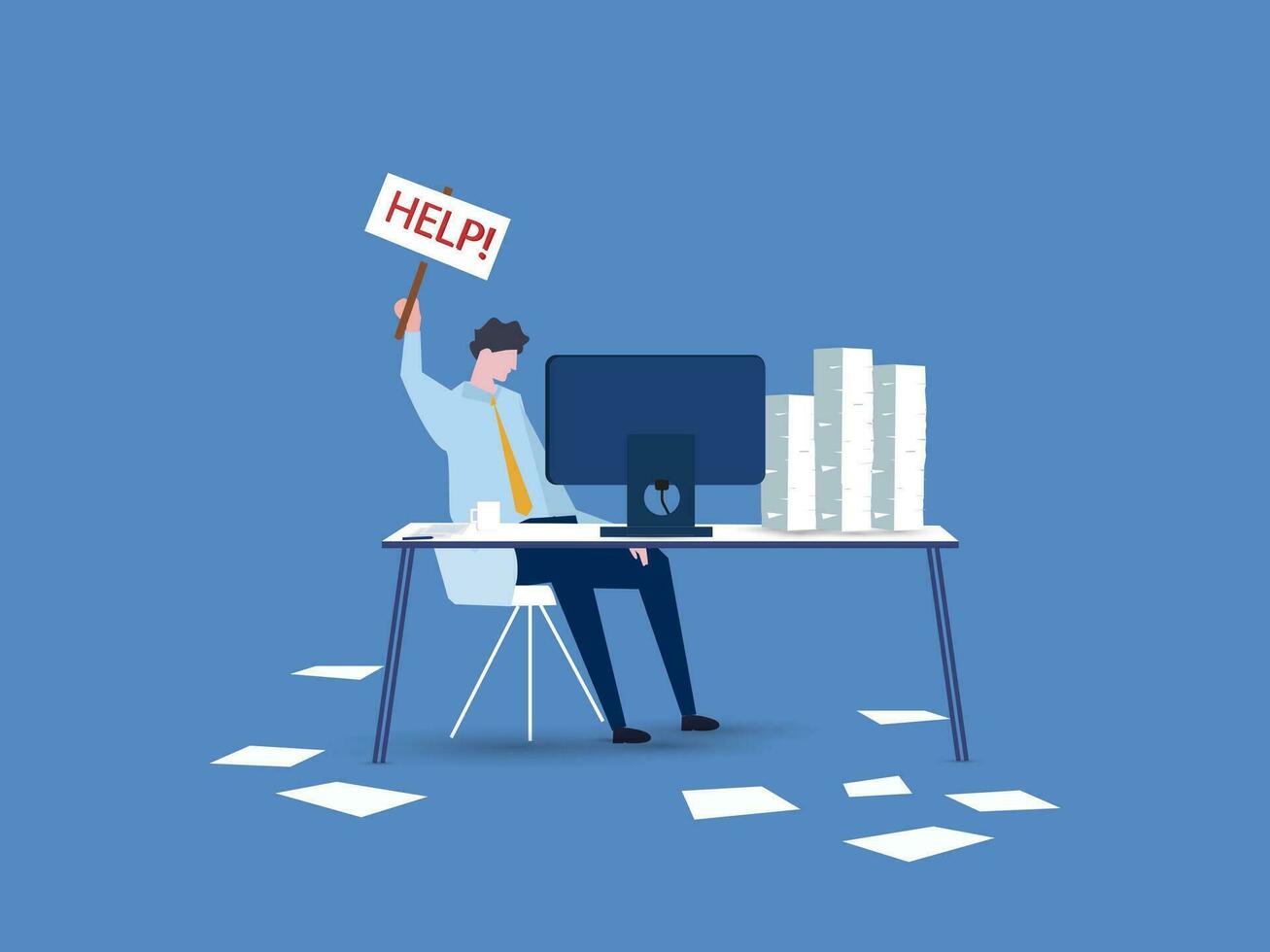 Depressed businessman hold help needed sign on busy working desk. Asking for help to finish overload work, support or help needed, solution to solve busy work problem, overworked or trouble concept. vector