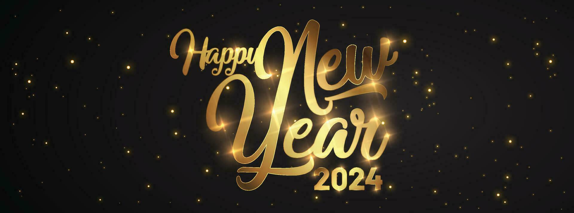 Happy New Year of glitter gold fireworks. Vector golden glittering text and 2024 numbers with sparkle shine for holiday greeting card.