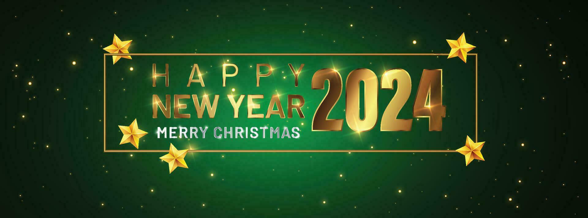 Happy New Year of glitter gold fireworks. Vector golden glittering text and 2024 numbers with sparkle shine for holiday greeting card.