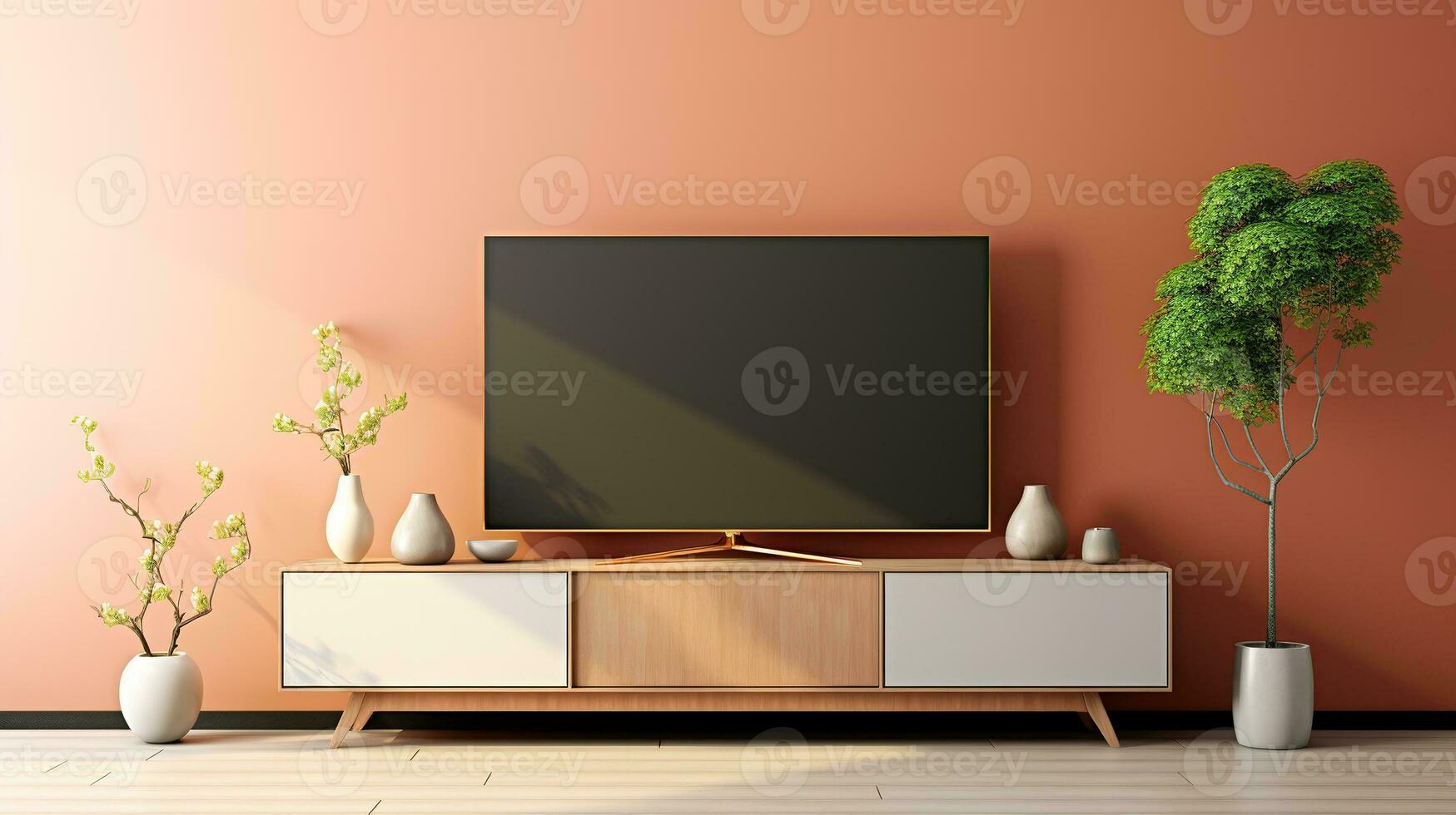 AI generated Generative AI, TV mock up in modern living room background. Contemporary interior design photo