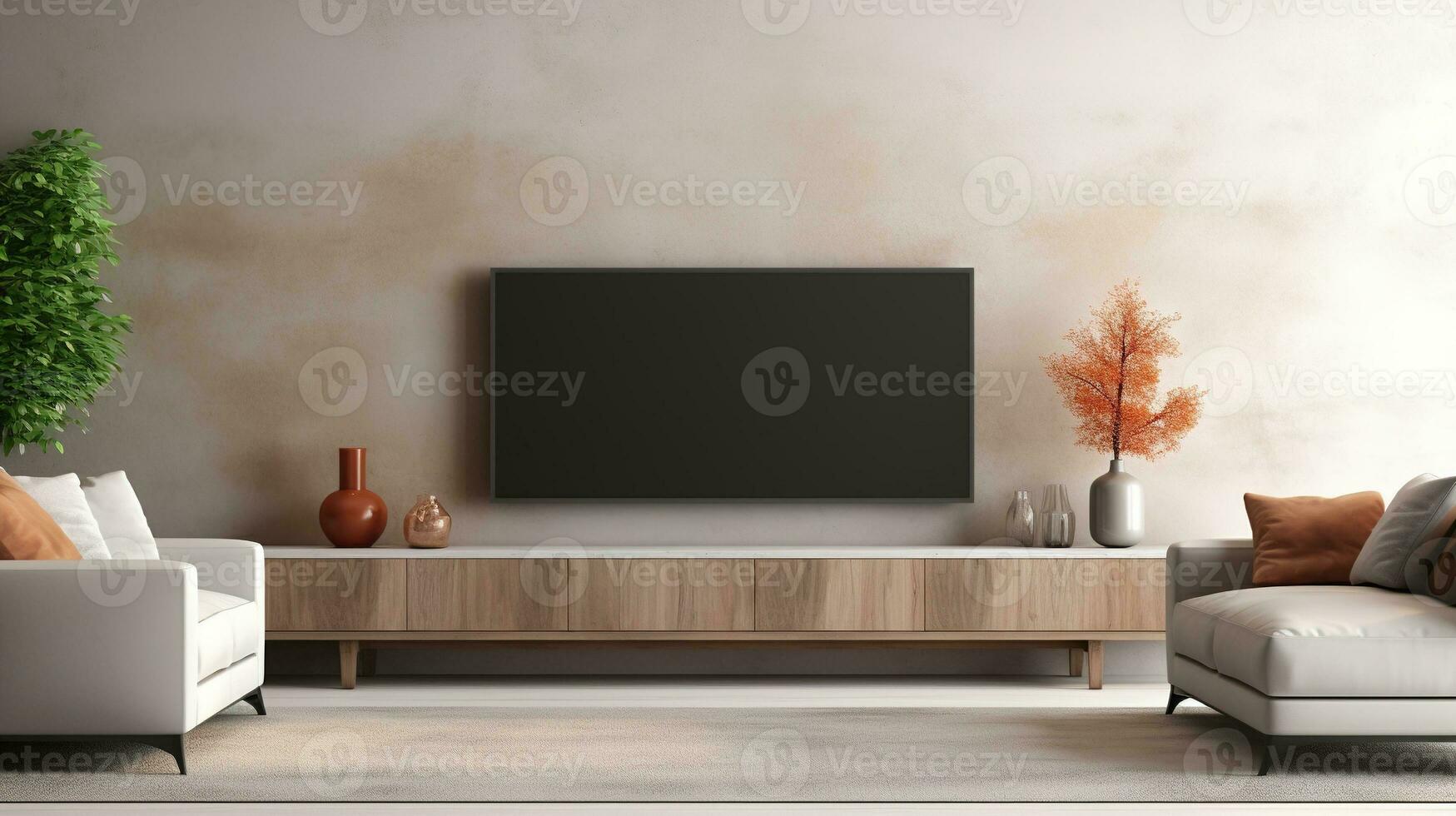 AI generated Generative AI, TV mock up in modern living room background. Contemporary interior design photo