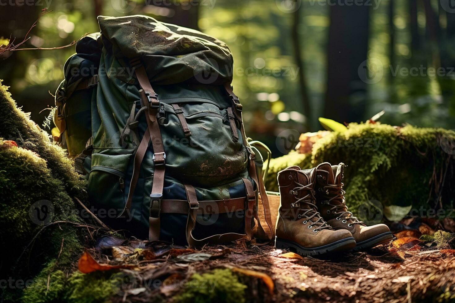 Hiking boots and backpack in the forest. Travel and adventure concept AI generated photo