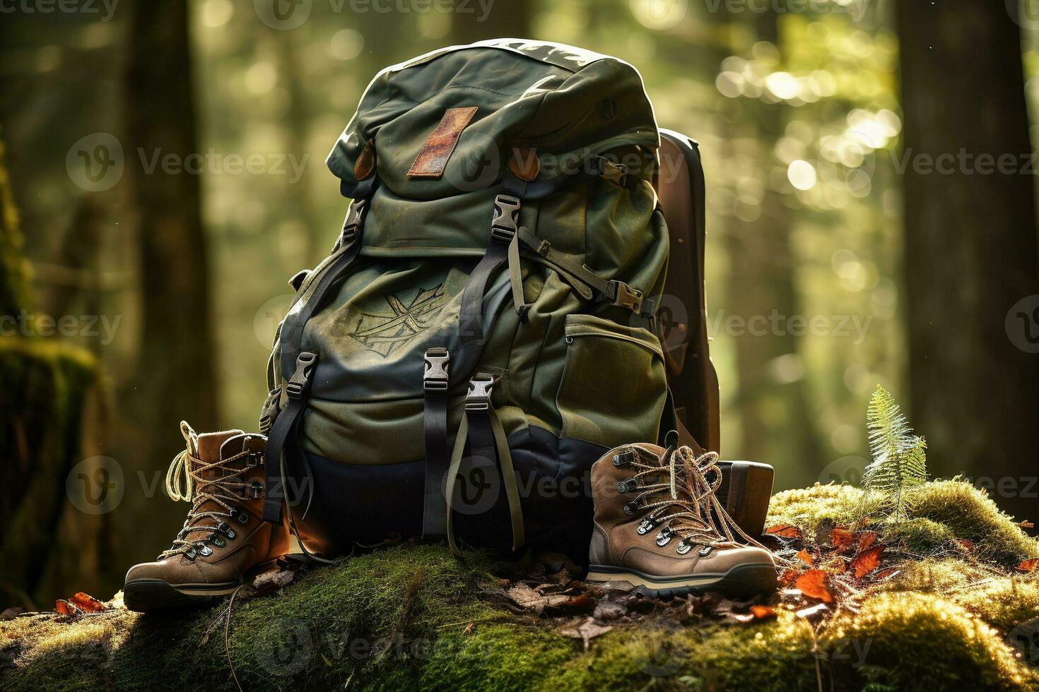 Hiking boots and backpack in the forest. Travel and adventure concept AI generated photo