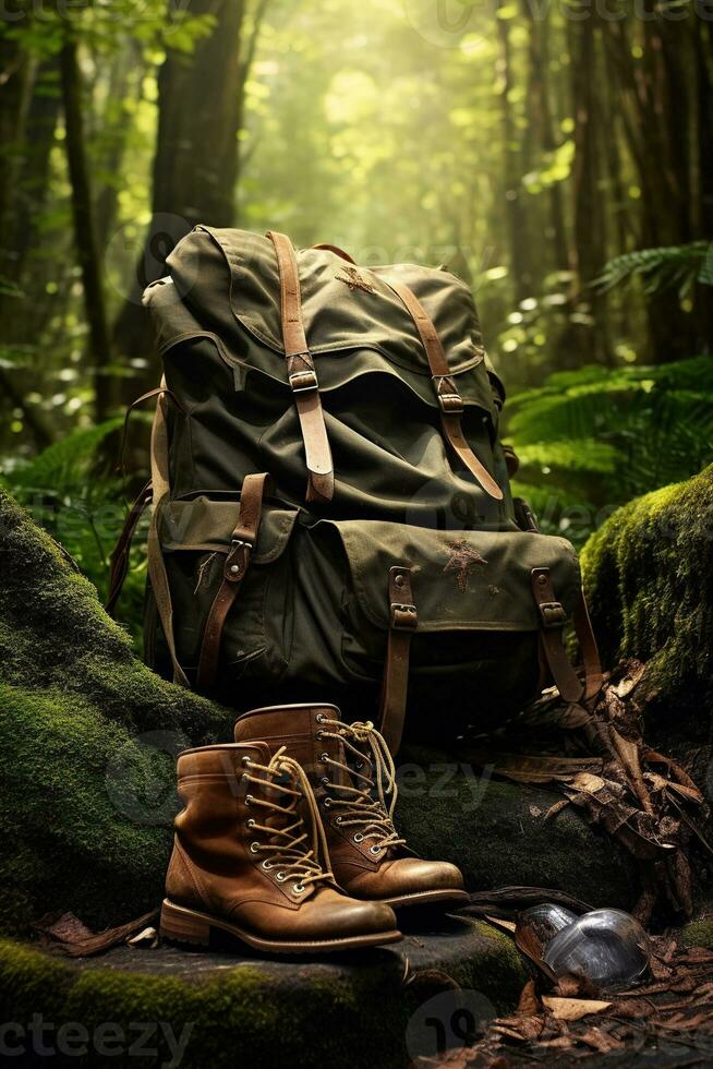 Hiking boots and backpack in the forest. Travel and adventure concept AI generated photo