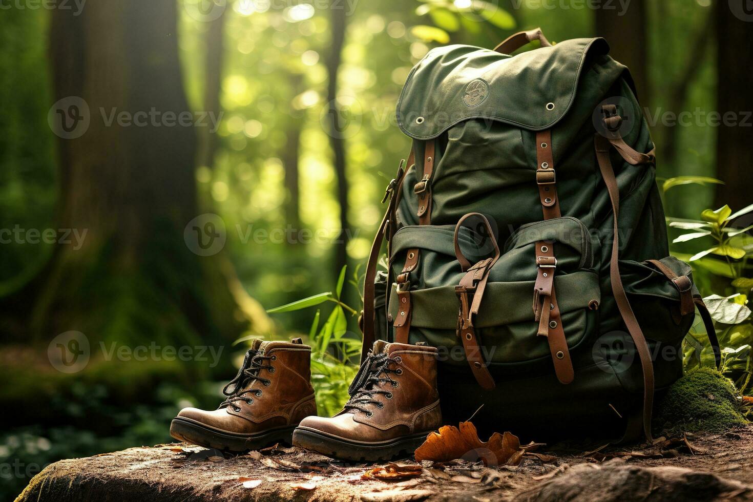 Hiking boots and backpack in the forest. Travel and adventure concept AI generated photo
