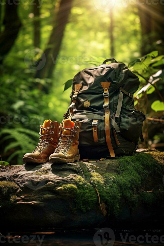 Hiking boots and backpack in the forest. Travel and adventure concept AI generated photo