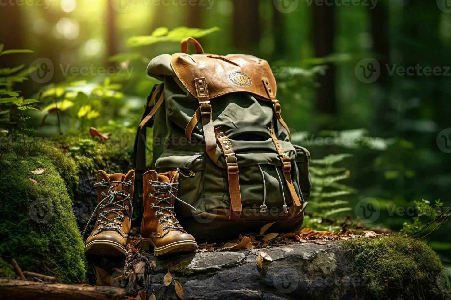 Hiking boots and backpack in the forest. Travel and adventure concept AI generated photo