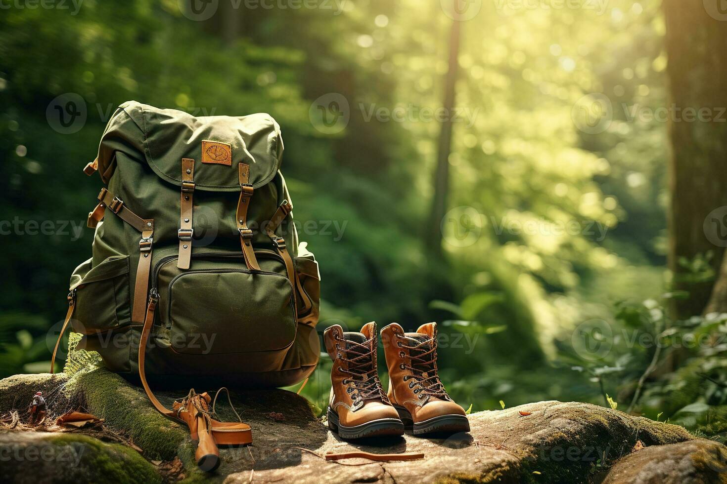 Hiking boots and backpack in the forest. Travel and adventure concept AI generated photo