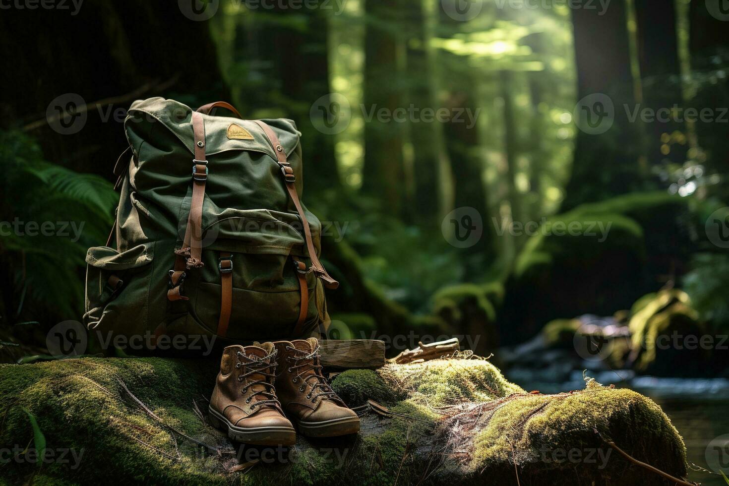 Hiking boots and backpack in the forest. Travel and adventure concept AI generated photo