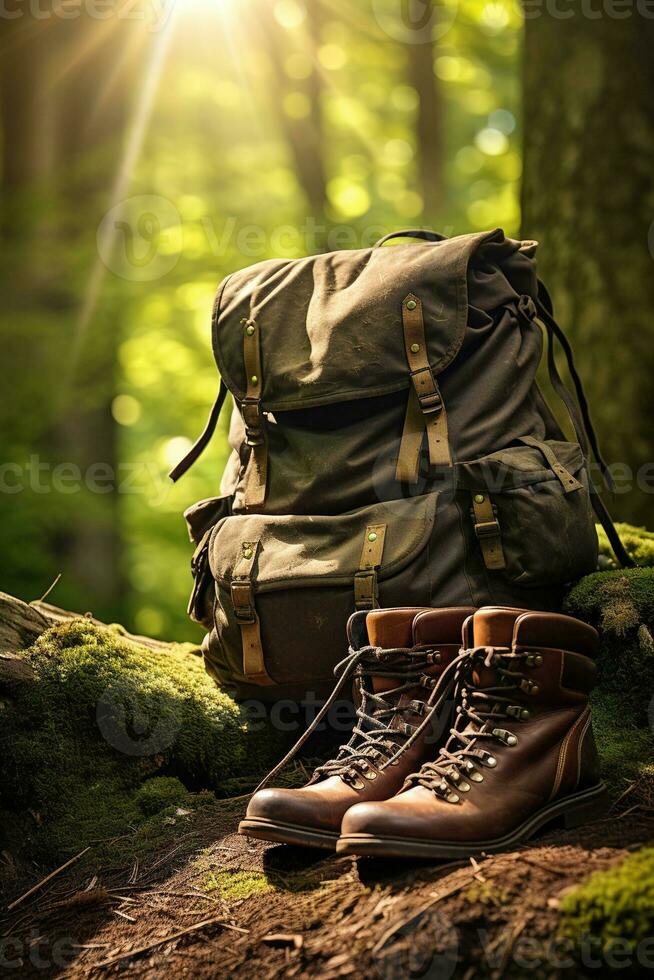 Hiking boots and backpack in the forest. Travel and adventure concept AI generated photo