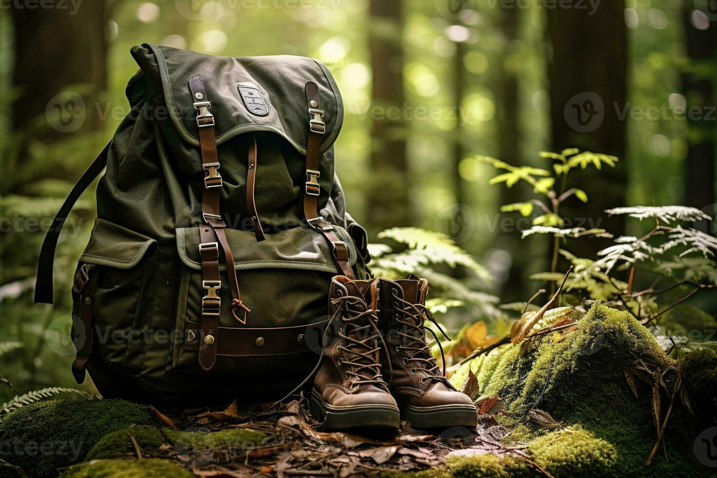 Hiking boots and backpack in the forest. Travel and adventure concept AI generated photo