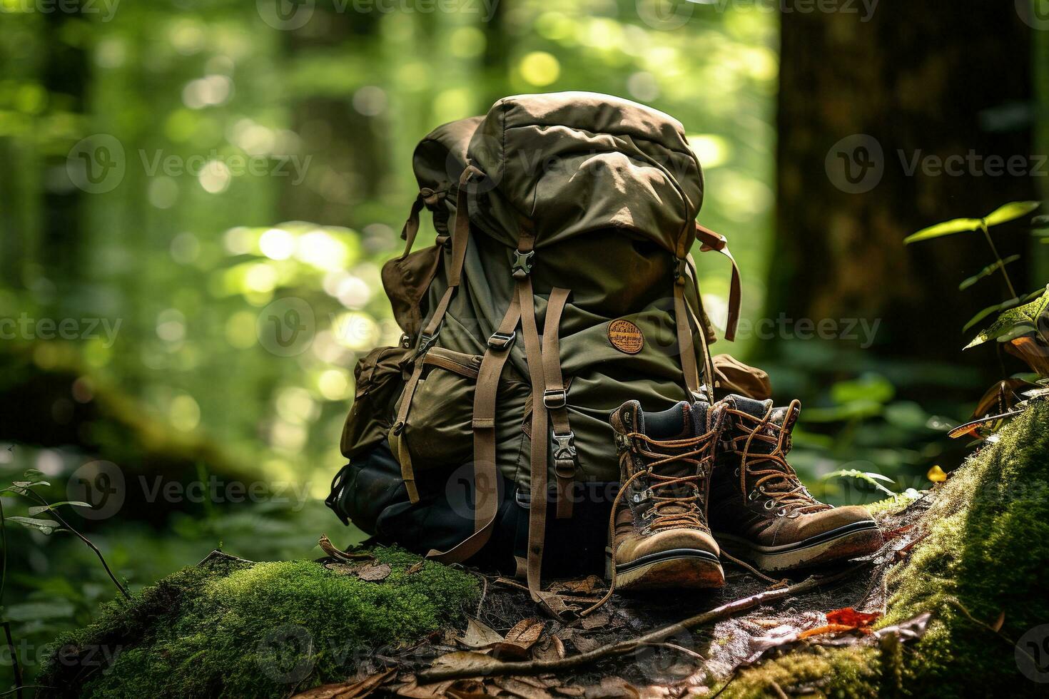 Hiking boots and backpack in the forest. Travel and adventure concept AI generated photo
