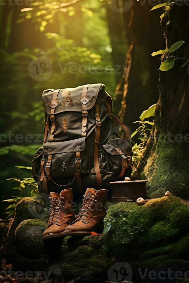 Hiking boots and backpack in the forest. Travel and adventure concept AI generated photo