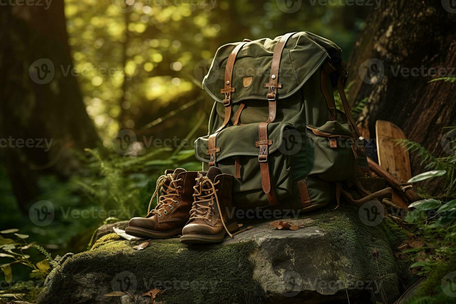 Hiking boots and backpack in the forest. Travel and adventure concept AI generated photo