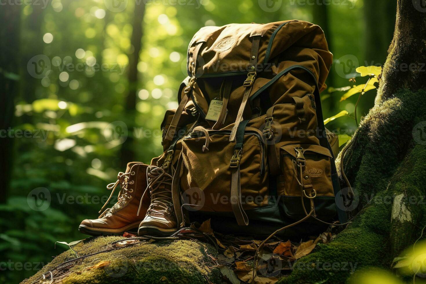 Hiking boots and backpack in the forest. Travel and adventure concept AI generated photo