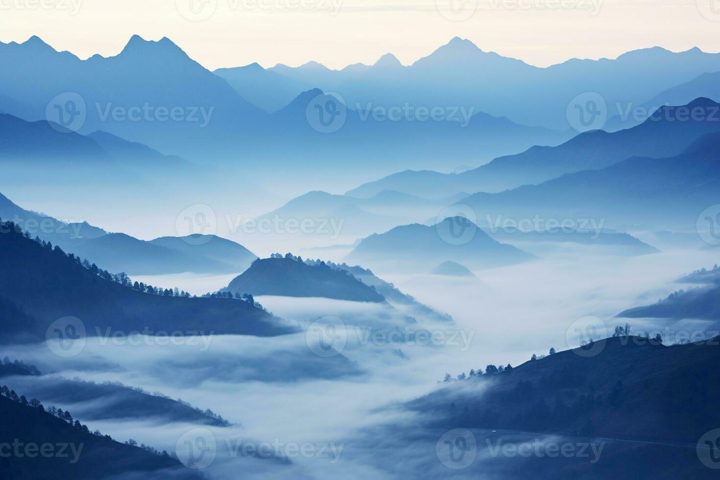 AI generated Beautiful landscape of mountains in foggy morning.Beauty in nature. photo