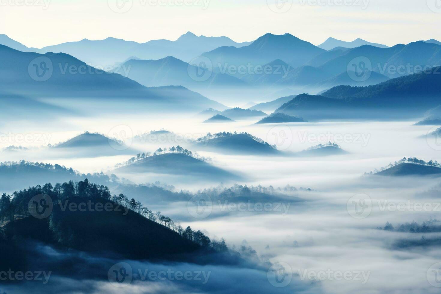 AI generated Beautiful landscape of mountains in foggy morning.Beauty in nature. photo