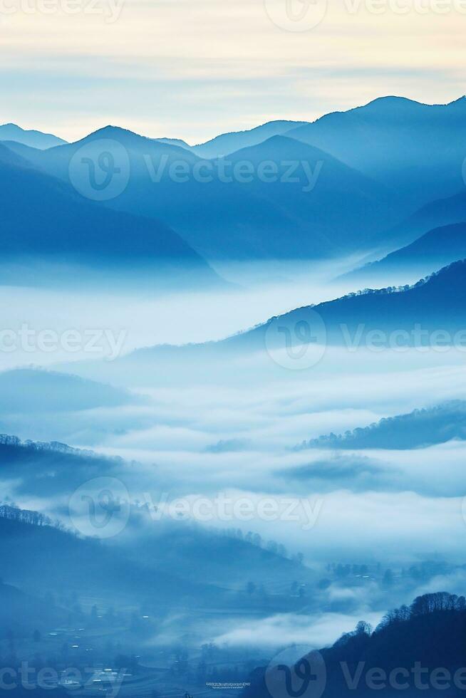 AI generated Beautiful landscape of mountains in foggy morning.Beauty in nature. photo