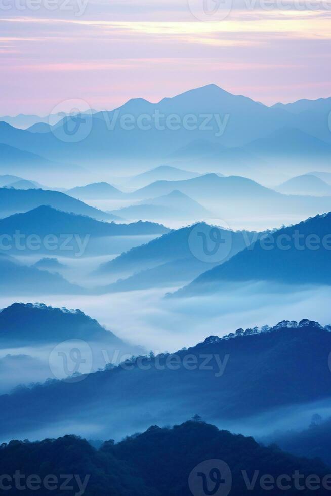 AI generated Beautiful landscape of mountains in foggy morning.Beauty in nature. photo