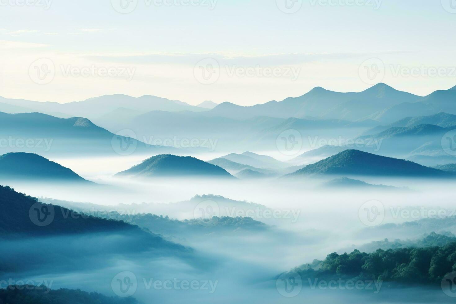 AI generated Beautiful landscape of mountains in foggy morning.Beauty in nature.AI generated photo