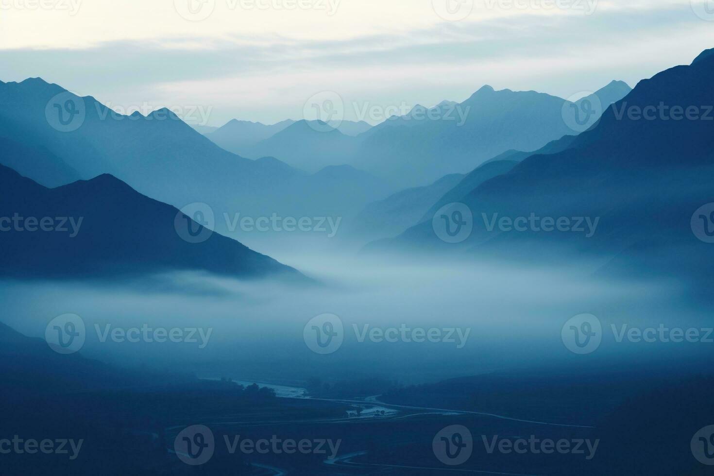 AI generated Beautiful landscape of mountains in foggy morning.Beauty in nature.AI generated photo