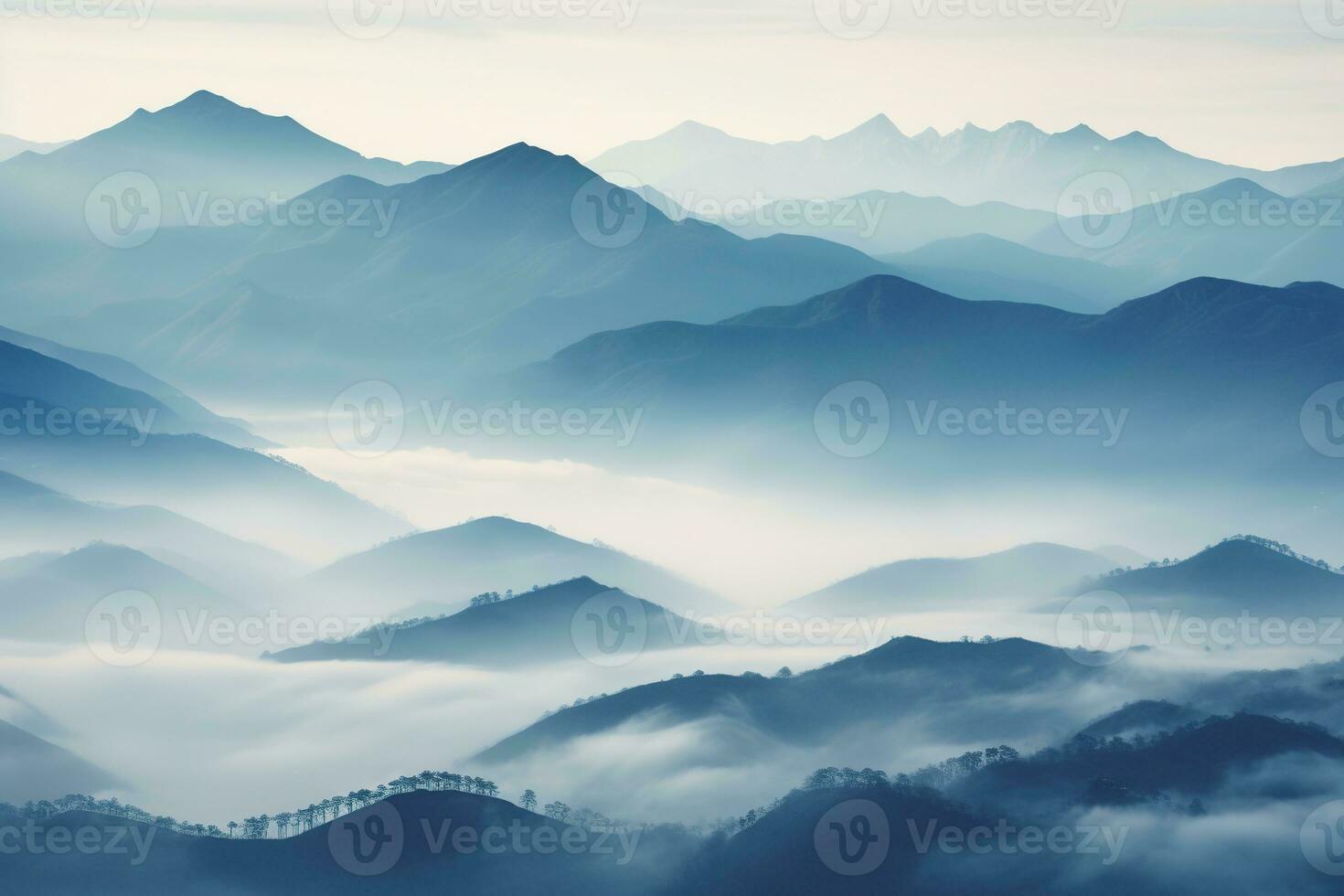AI generated Beautiful landscape of mountains in foggy morning.Beauty in nature.AI generated photo