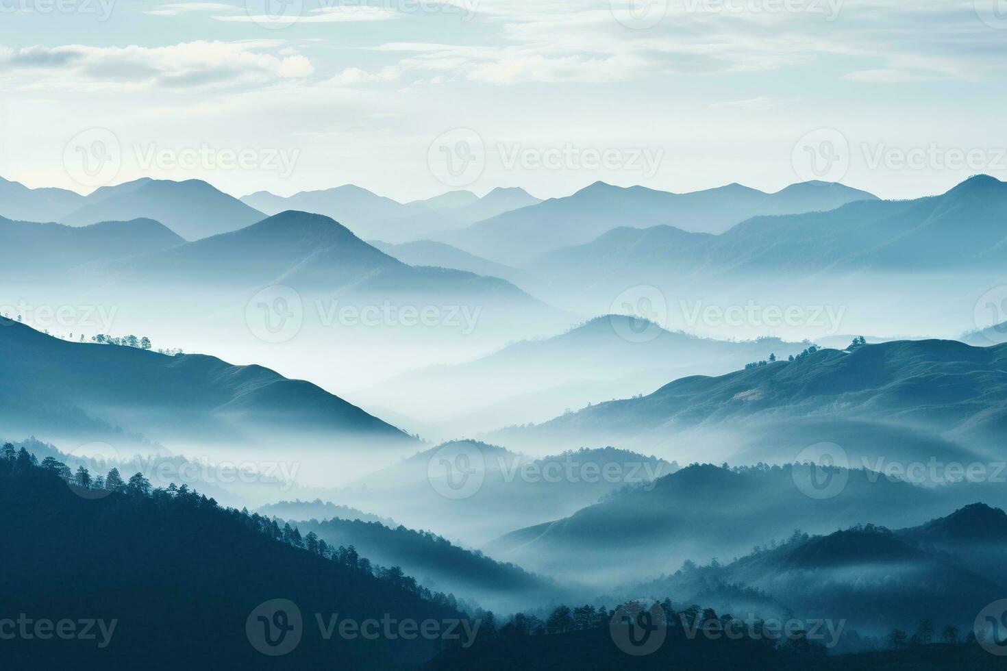 AI generated Beautiful landscape of mountains in foggy morning.Beauty in nature.AI generated photo