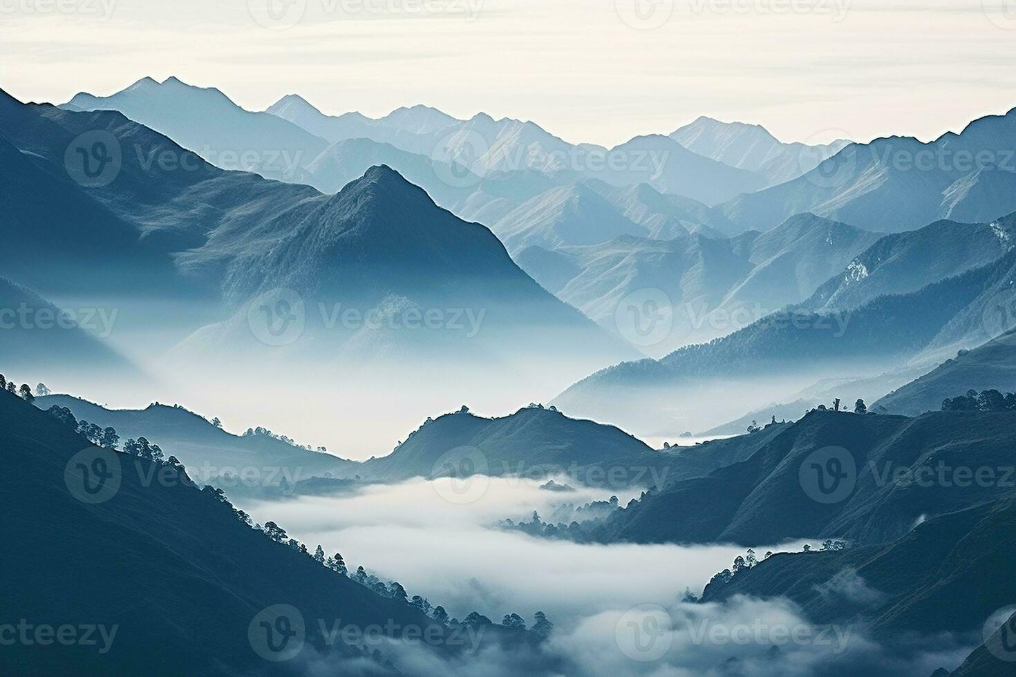 AI generated Beautiful landscape of mountains in foggy morning.Beauty in nature.AI generated photo