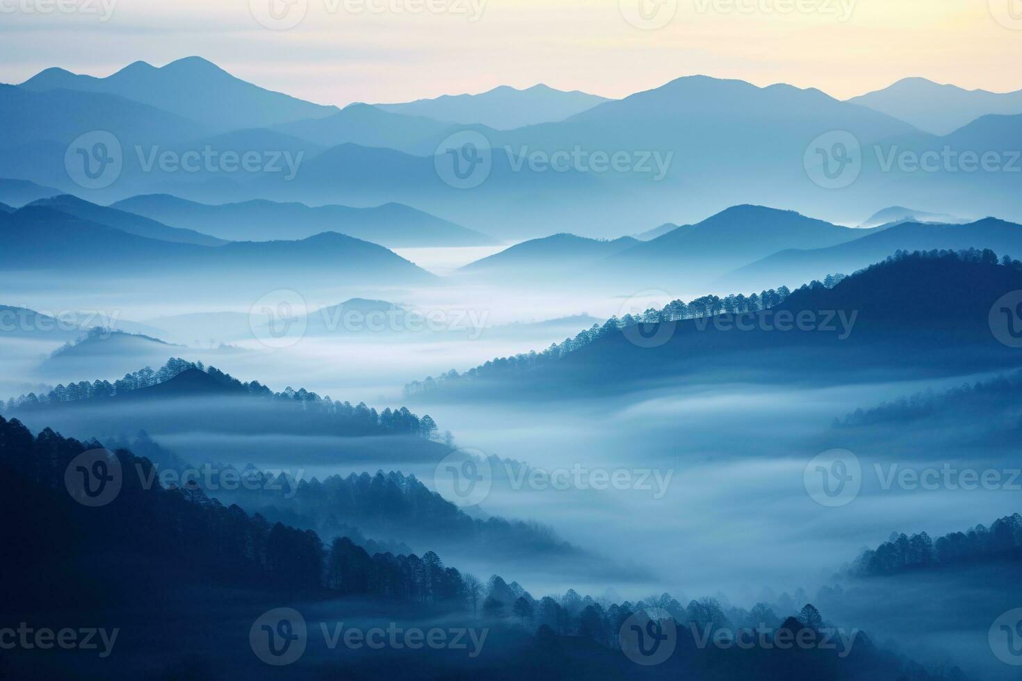 AI generated Beautiful landscape of mountains in foggy morning.Beauty in nature. photo