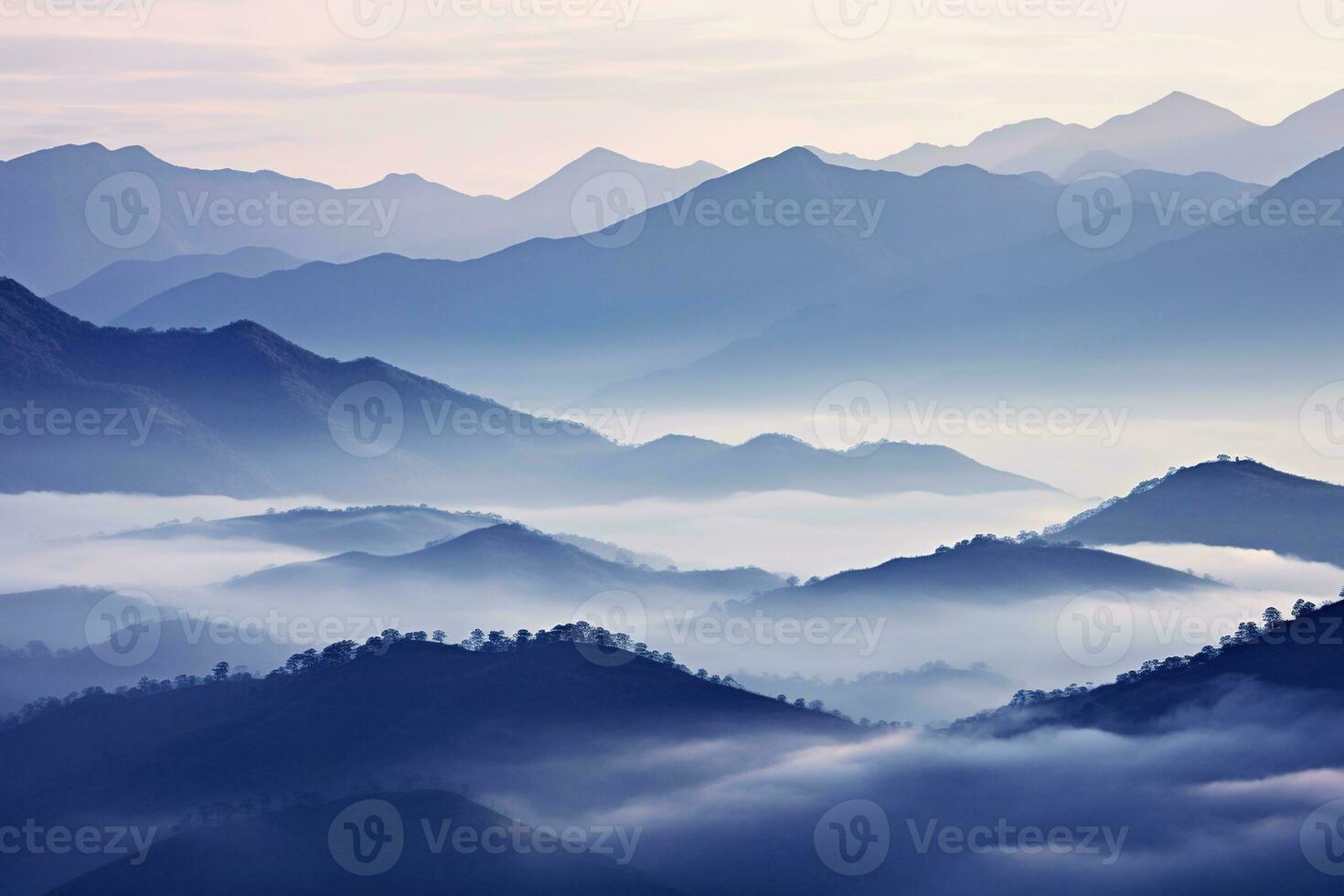AI generated Beautiful landscape of mountains in foggy morning. Beauty in nature. photo