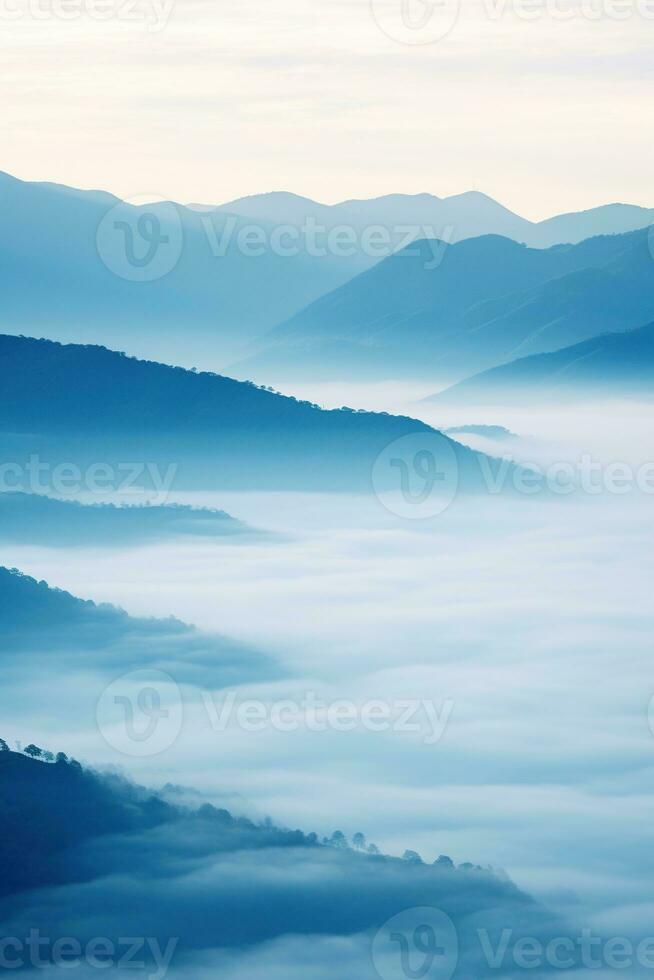 AI generated Beautiful landscape of mountains in foggy morning. Beauty in nature. photo