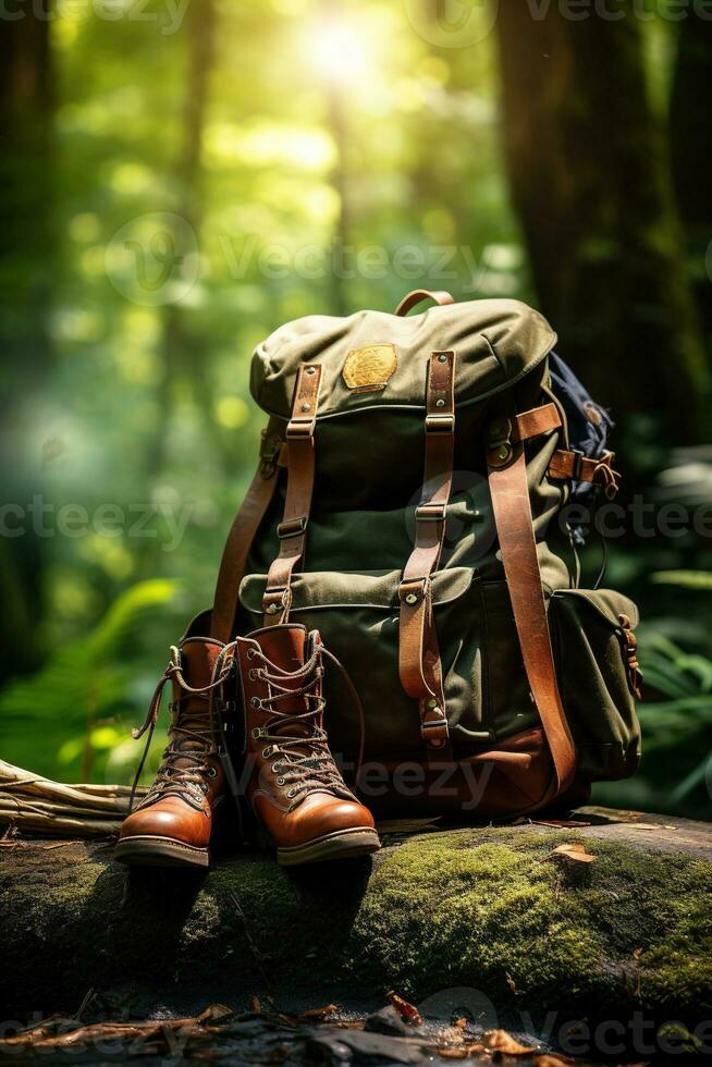 Hiking boots and backpack in the forest. Travel and adventure concept AI generated photo