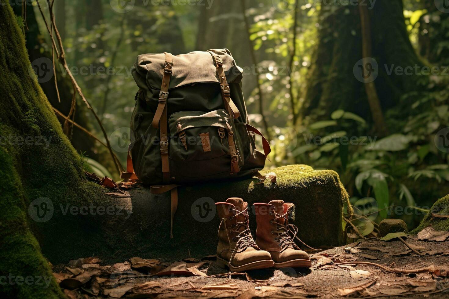 Hiking boots and backpack in the forest. Travel and adventure concept AI generated photo