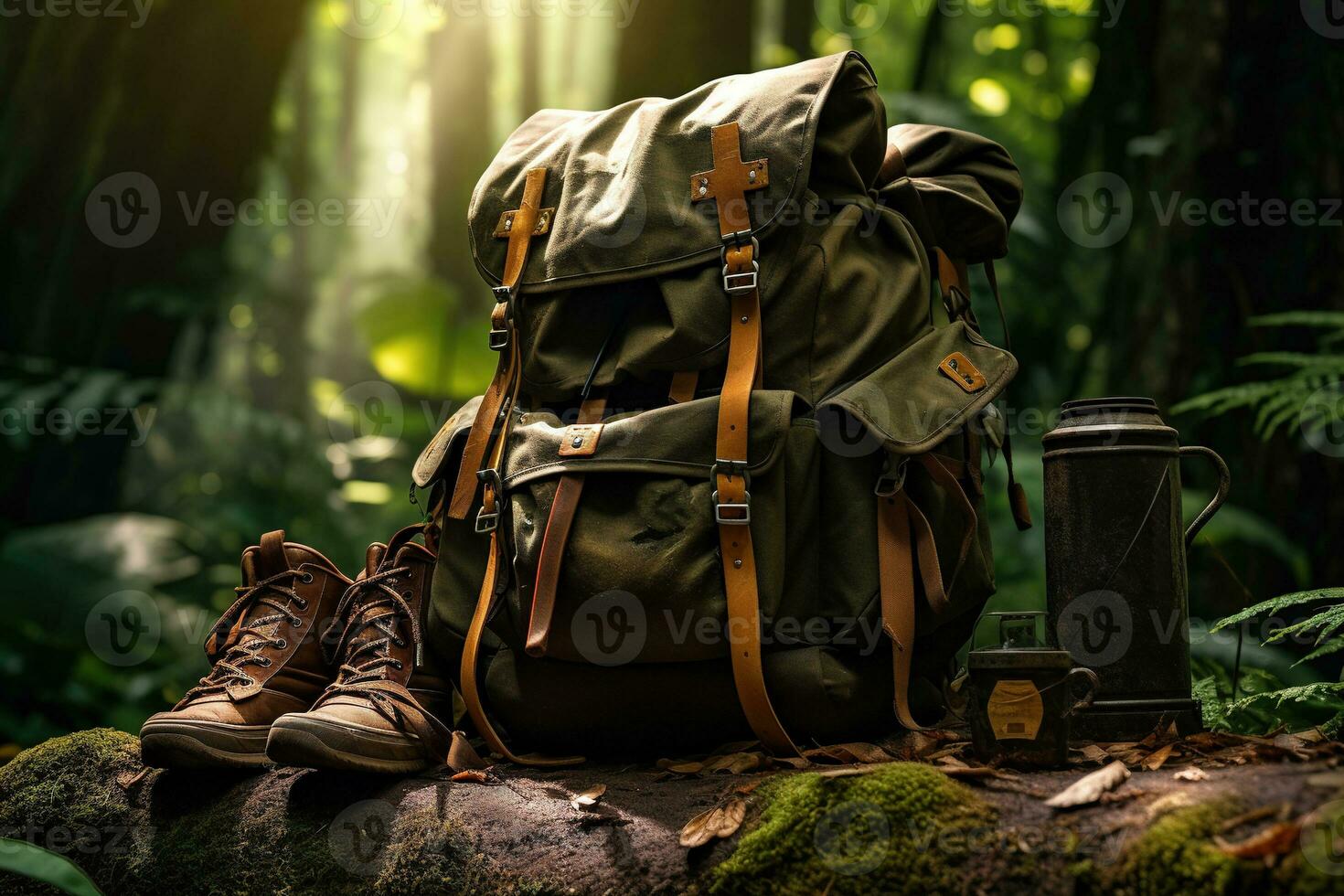 Hiking boots and backpack in the forest. Travel and adventure concept AI generated photo