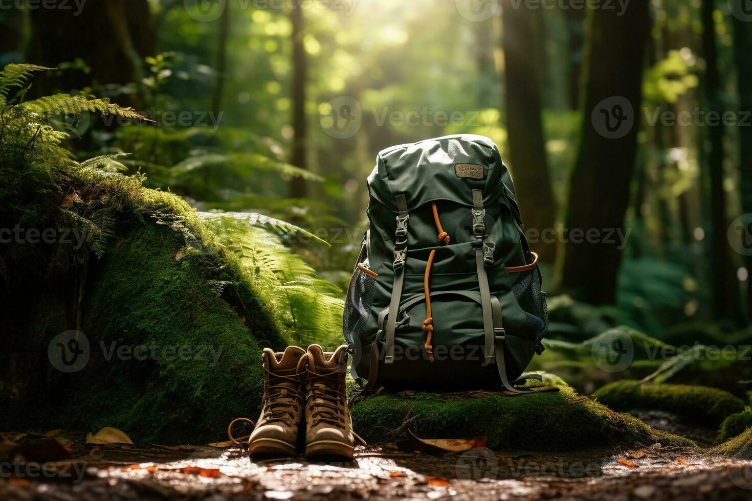 Hiking boots and backpack in the forest. Travel and adventure concept AI generated photo