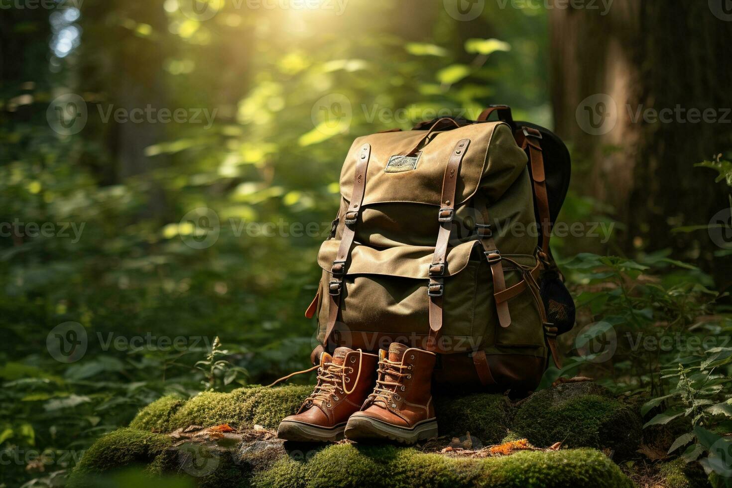 Hiking boots and backpack in the forest. Travel and adventure concept AI generated photo