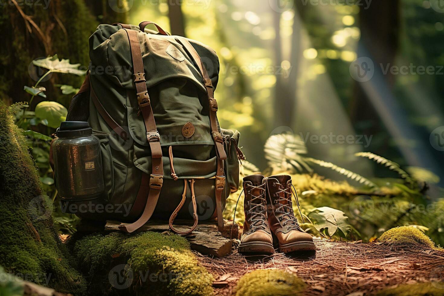 Hiking boots and backpack in the forest. Travel and adventure concept AI generated photo