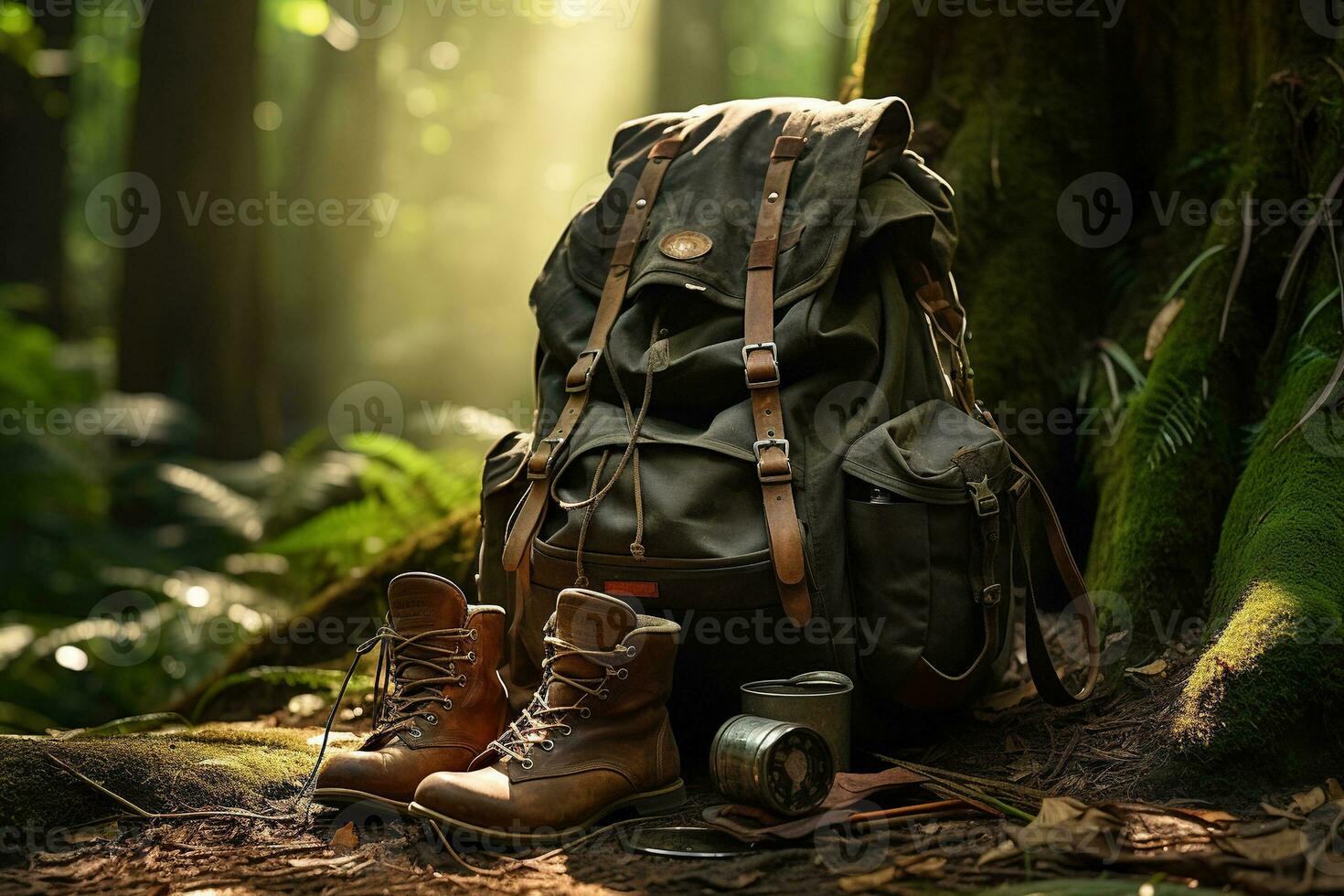 Hiking boots and backpack in the forest. Travel and adventure concept AI generated photo