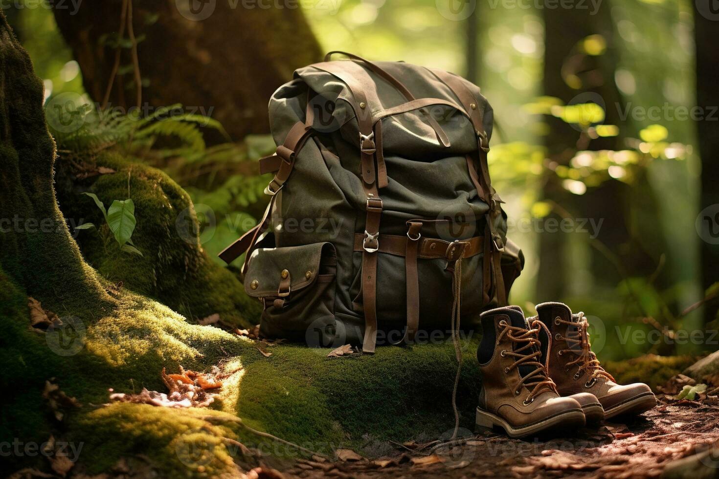 Hiking boots and backpack in the forest. Travel and adventure concept AI generated photo