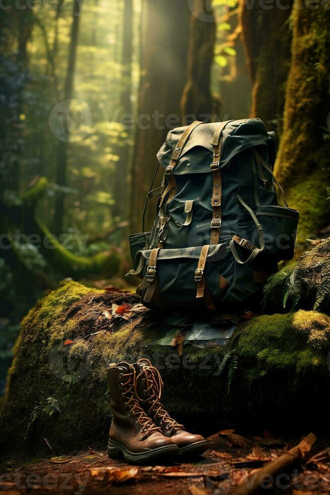 Hiking boots and backpack in the forest. Travel and adventure concept AI generated photo