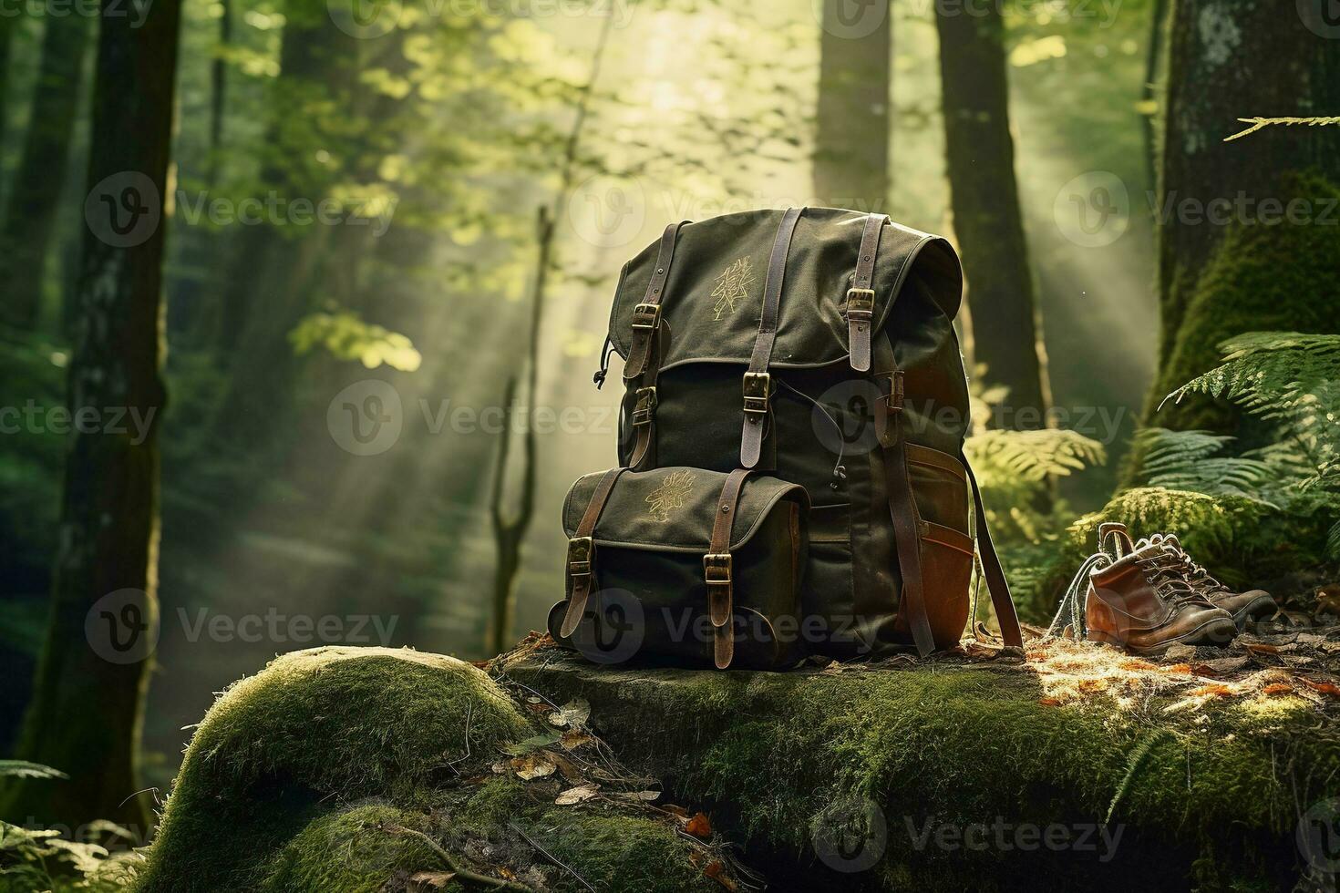Hiking boots and backpack in the forest. Travel and adventure concept AI generated photo