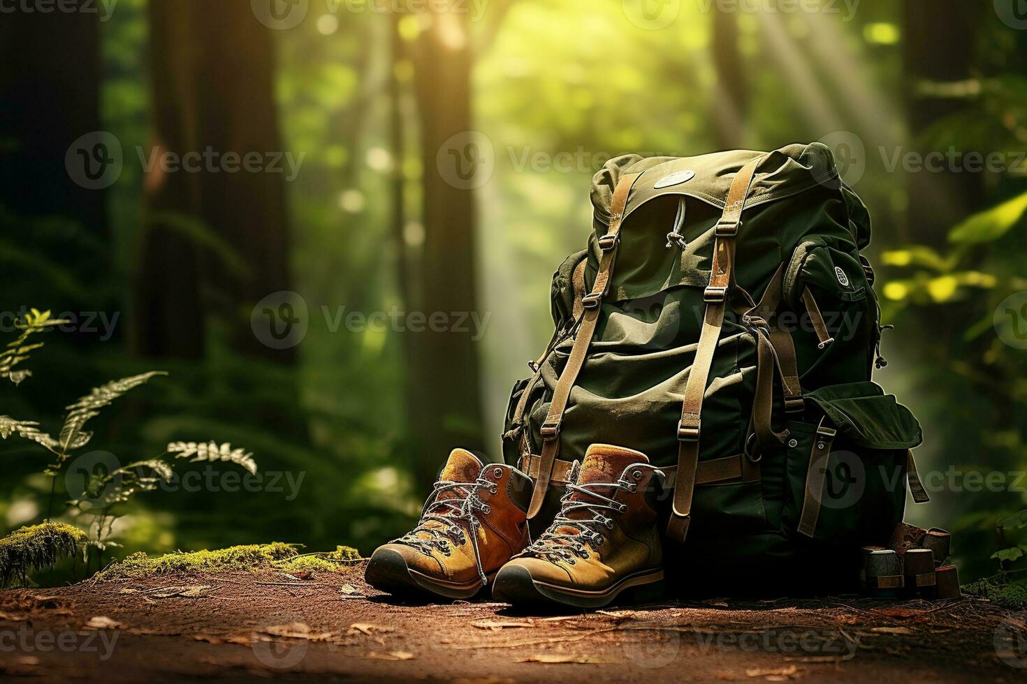 Hiking boots and backpack in the forest. Travel and adventure concept AI generated photo