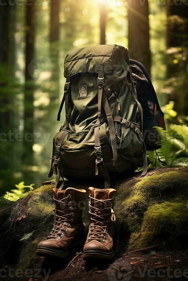 Hiking boots and backpack in the forest. Travel and adventure concept AI generated photo