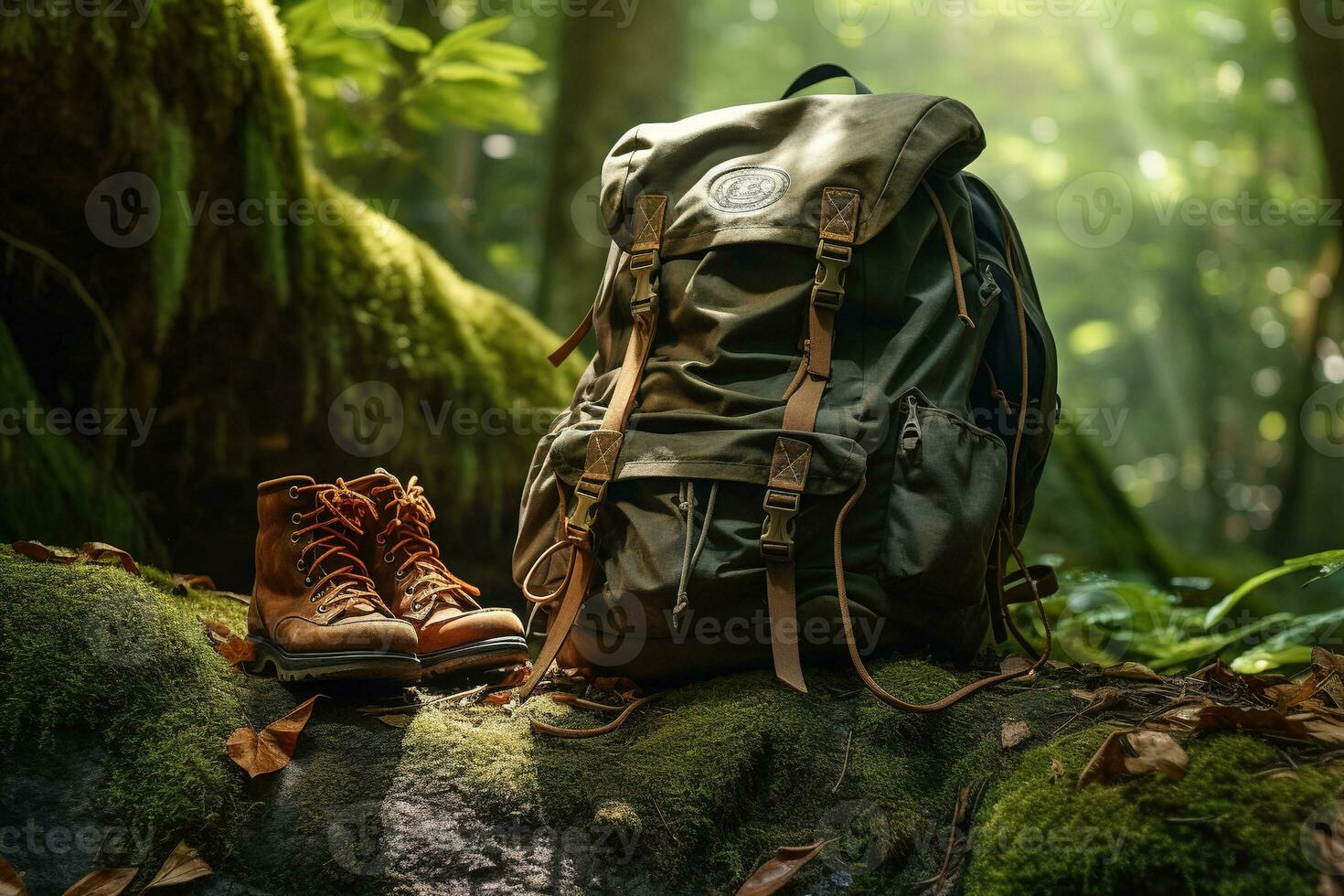Hiking boots and backpack in the forest. Travel and adventure concept AI generated photo