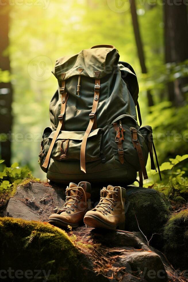 Hiking boots and backpack in the forest. Travel and adventure concept AI generated photo