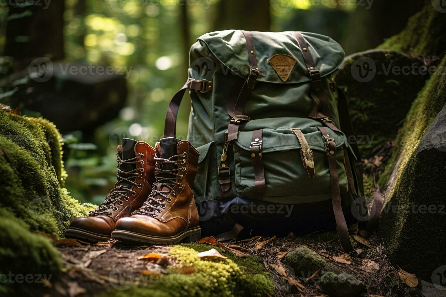 Hiking boots and backpack in the forest. Travel and adventure concept AI generated photo