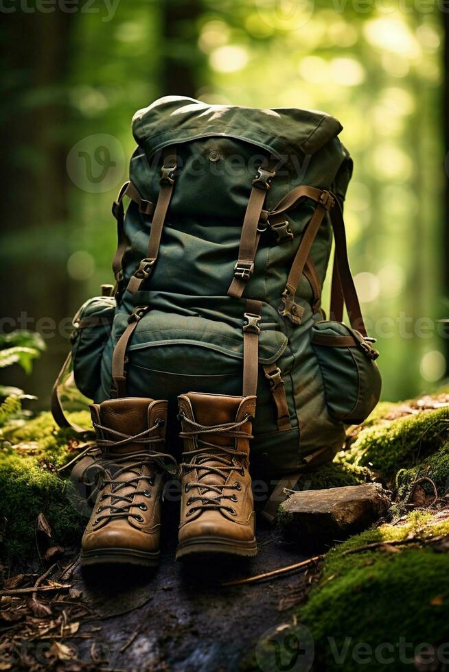 Hiking boots and backpack in the forest. Travel and adventure concept AI generated photo