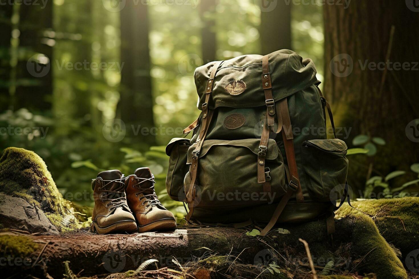 Hiking boots and backpack in the forest. Travel and adventure concept AI generated photo