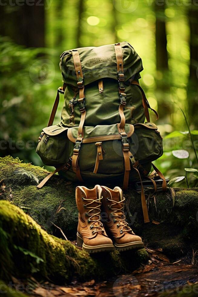 Hiking boots and backpack in the forest. Travel and adventure concept AI generated photo
