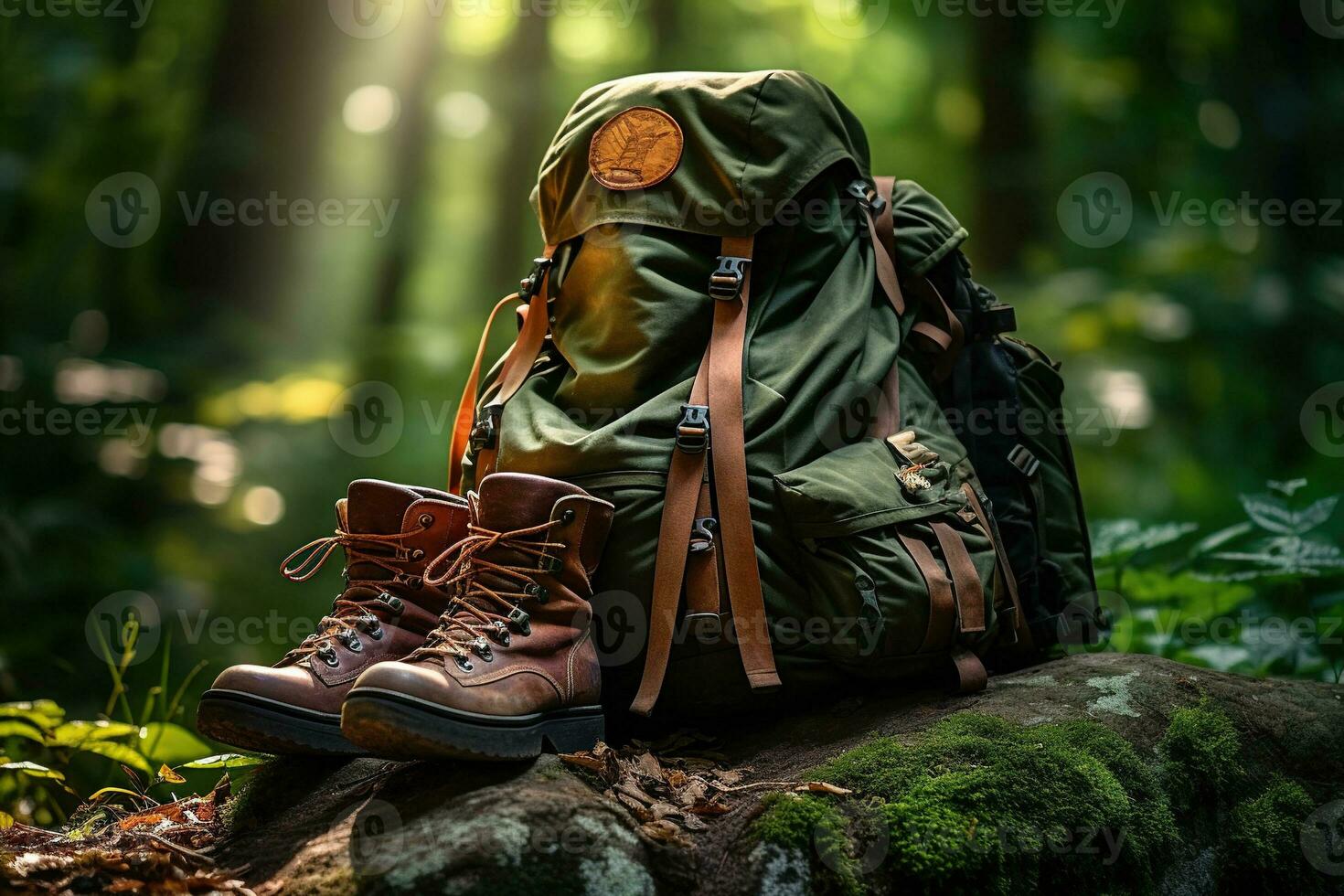 Hiking boots and backpack in the forest. Travel and adventure concept AI generated photo